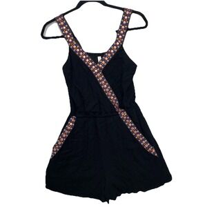Xhilaration Romper Womens Small Black Embroidered Trim V-Neck Boho‎ Sleeveless